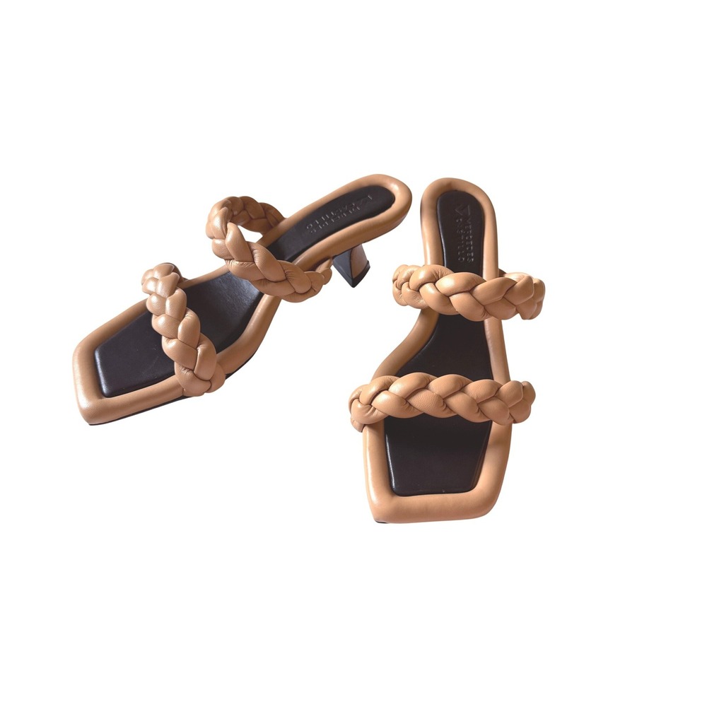 Mercedes Castillo Tan Leather Braided Square Toe Kitten Heel Mules 36.5 6.5